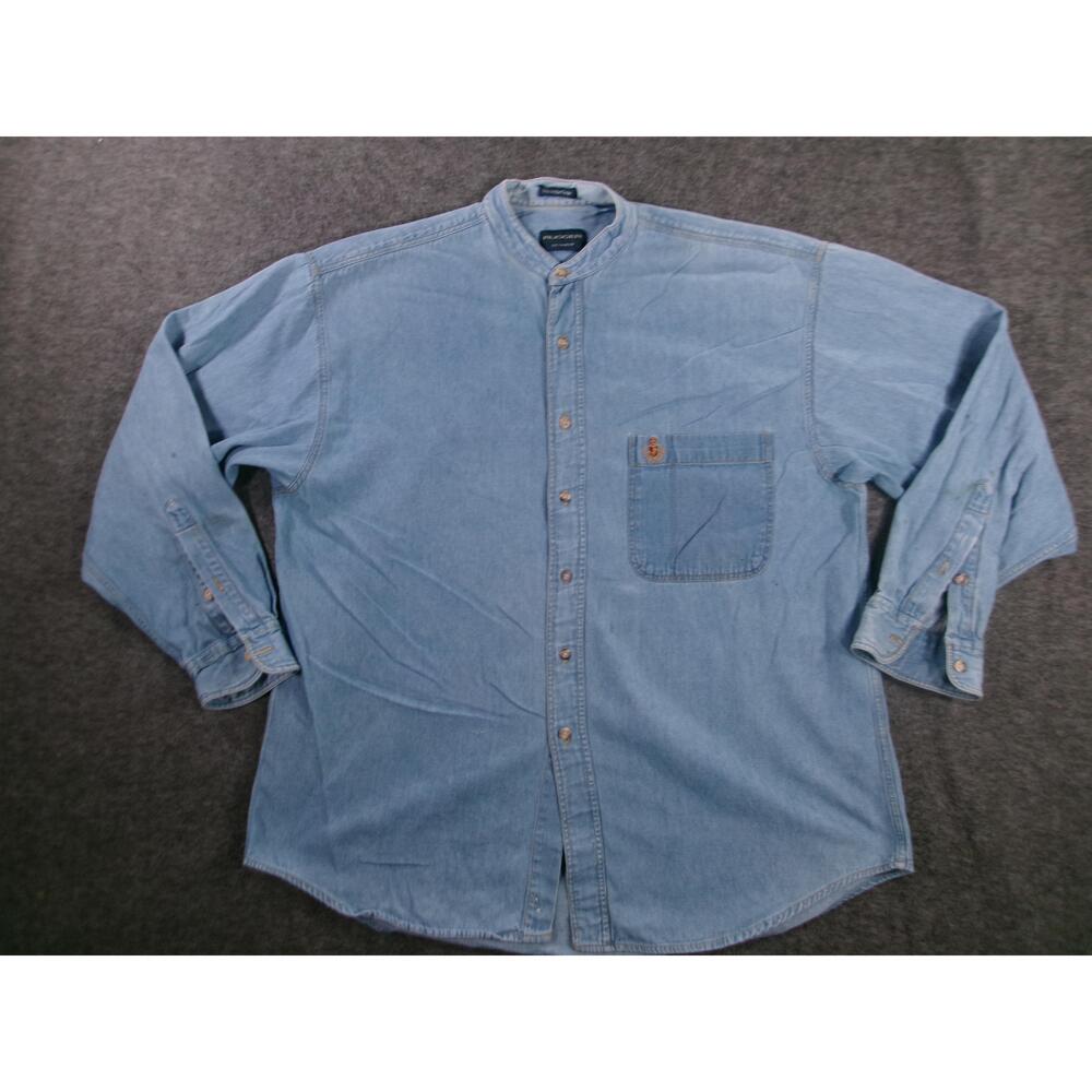 Rugger Shirt Mens XXL Blue Denim Band Collar Embroidered Logo Workwear Read
